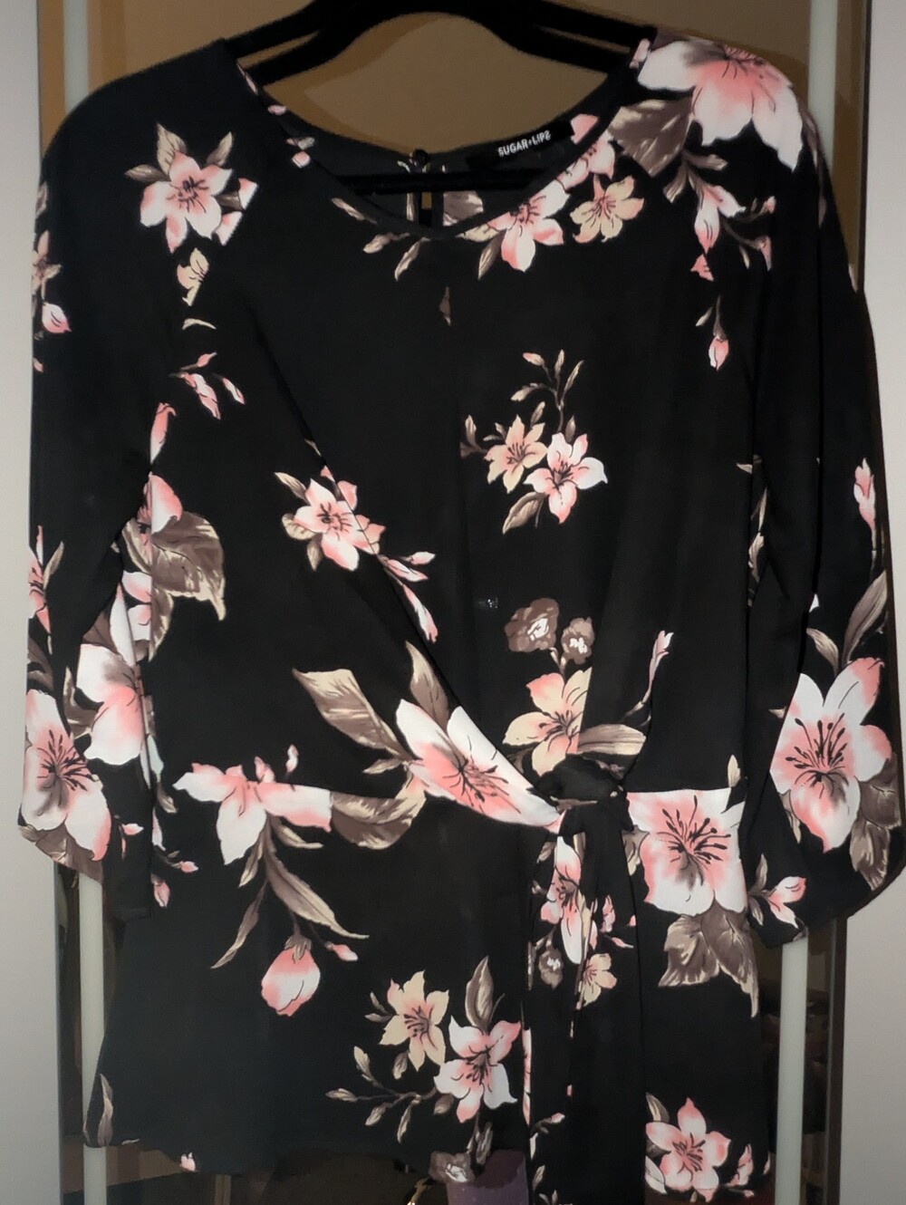 Sugarlips Black Floral Wrap Top Dress with Pink Blossoms